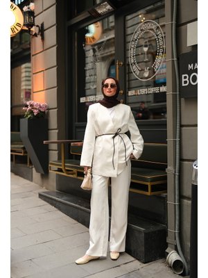 Beyaz Çizgili Vizolin Kruvaze Ceket Beyaz Çizgili Vizolin Kruvaze Ceket