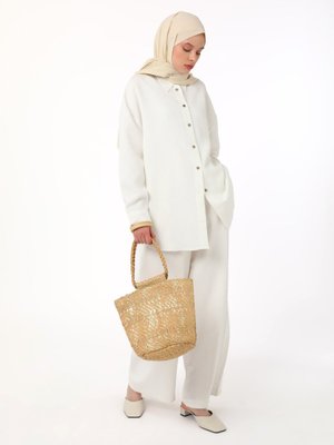 Ekru Exclusive Yumuşak Tuşeli Viskoz Çizgili Takım