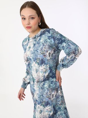 Mavi Büyük Beden Çiçek Baskılı Dokuma Elbise Mavi Büyük Beden Çiçek Baskılı Dokuma Elbise