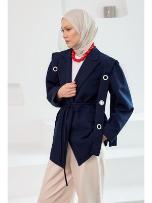 Lacivert Kuş Gözü Kruvaze Yaka Blazer Ceket Lacivert Kuş Gözü Kruvaze Yaka Blazer Ceket