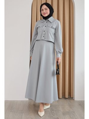 Düğmeli Bolerolu Etekli Gri Takım Düğmeli Bolerolu Etekli Gri Takım