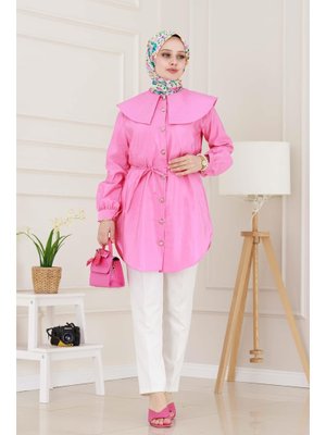 Pembe Beli Bağcık Detaylı Geniş Yaka Tunik Pembe Beli Bağcık Detaylı Geniş Yaka Tunik