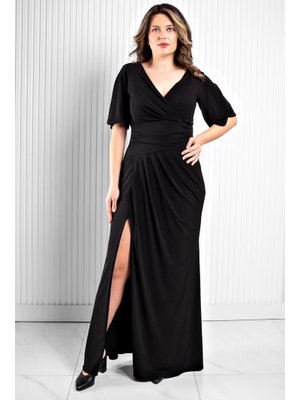 Siyah Dökümlü Sandy Abiye Elbise