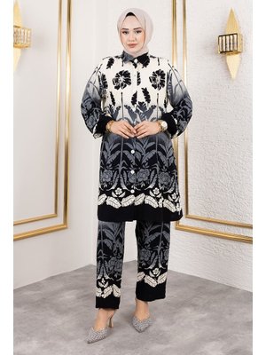 Siyah Renkli Çiçek Desenli Viskon Takım