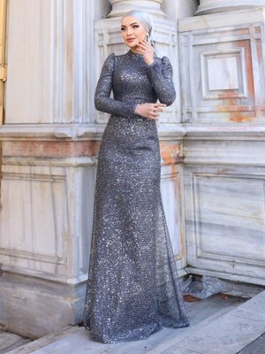 Antrasit Sakura Abiye Elbise