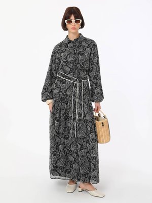 Şal Desen Desenli Şifon Düğme Detaylı Elbise