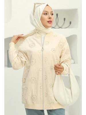 Krem Taş İşlemeli Brode Hırka