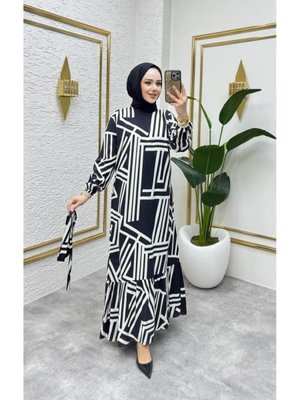Siyah Geometri Desenli Tesettütr Elbise Siyah Geometri Desenli Tesettütr Elbise
