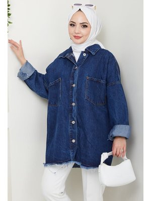 Mavi Püsküllü Oversize Kot Ceket