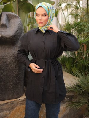 Siyah Yanları Kulplu Önü Nervürlü Tunik
