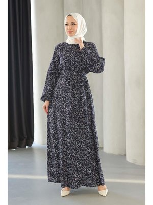 Lacivert Küçük Çicek Desenli Viskon Elbise