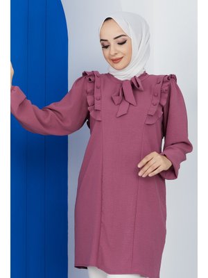 Gül Kurusu Büyük Beden Yaka Bağlamalı Tunik Gül Kurusu Büyük Beden Yaka Bağlamalı Tunik