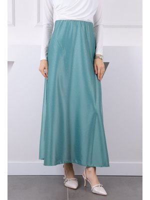 Mint Yeşili Bel Lastikli Taşlı Saten Etek