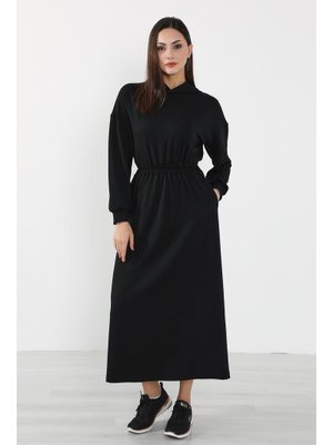 Siyah Rahat Kesim Günlük Kapüşonlu Elbise,elb