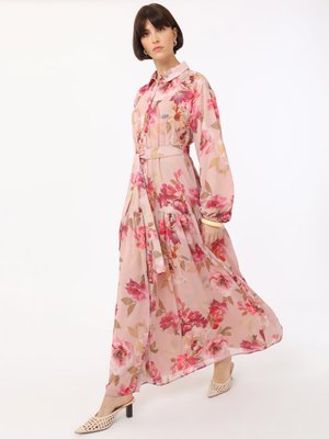 Pembe Çiçek Desenli Düğme Detaylı Şifon Elbise