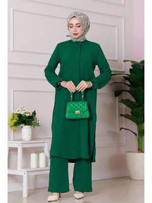 Yeşil Yırtmaç Detaylı Tunik Pantolon Takım
