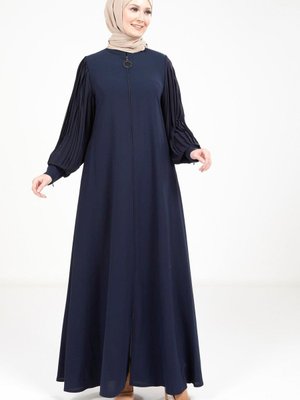 Lacivert Fermuarlı Kolları Pilise Detaylı Ferace