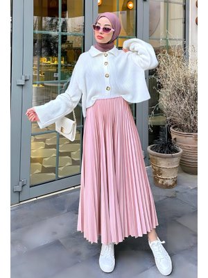 Toz Pembe Pliseli Etek