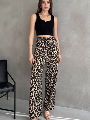 Renkli Yüksek Bel Leopar Desenli Elastik Bantlı Yan Cepli Geniş Paçalı Pantolon