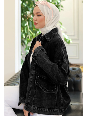 Siyah Taşlı Kot Ceket