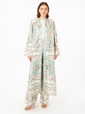 Etnik Desenli Saten Pantolon Kimono Takım