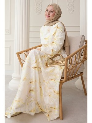 Nervür Bel Detay Yağ Yeşili Şifon Elbise