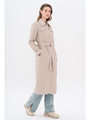 Pelerini Zımba Detaylı Kapitone Desenli Hafif Trençkot Taş