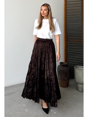 Beli Lastikli Kırışık Saten Etek Kahve