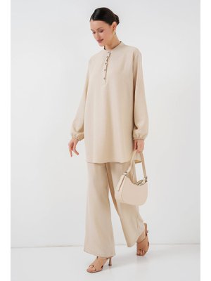 Krem Keten Tunik Pantolon İkili Takım Krem Keten Tunik Pantolon İkili Takım