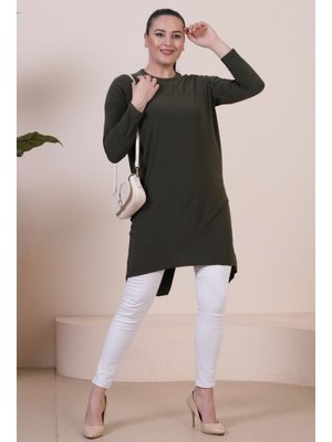 Haki Kadin Buyuk Beden Tesettur Giyim Asimetrik Kesim Tunik