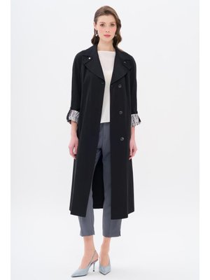 Siyah Leopar Desen Detaylı Yarım Astarlı Trençkot