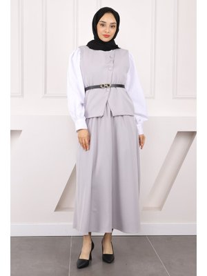Gri Kemerli Krep Yelek Etekli Takım Gri Kemerli Krep Yelek Etekli Takım