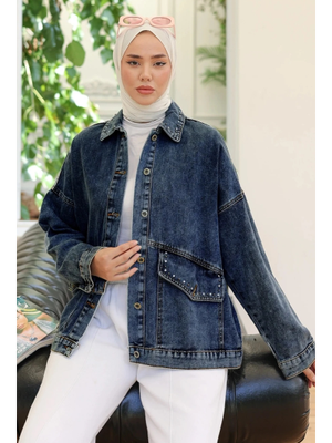 Koyu Mavi Taşlı Kot Ceket