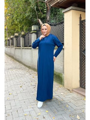 İndigo İkili Nevrül Detaylı Sade Basic Uzun Büyük Beden Spor Elbise