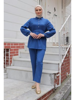 İndigo Taş Düğme Detaylı Takım