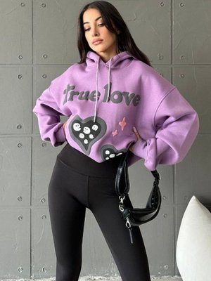 Lila Şapkalı Üç İplik Şardonlu Oversize Kalıp Desenli Sweatshirt Lila Şapkalı Üç İplik Şardonlu Oversize Kalıp Desenli Sweatshirt