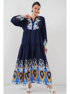 Lacivert Otantik Desenli Elbise Lacivert Otantik Desenli Elbise