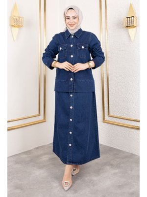 Koyu Mavi Cepli Kol Ucu Katlamalı Etekli Kot Takım