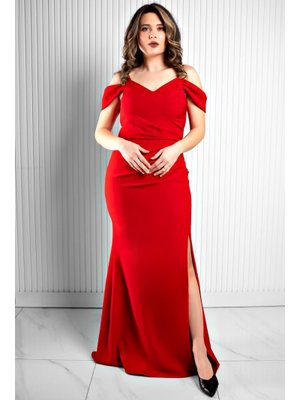 Kırmızı Krep Kumaş Askılı Abiye Elbise