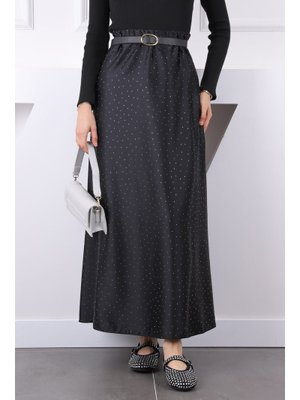 Siyah Bel Lastikli Taşlı Saten Etek