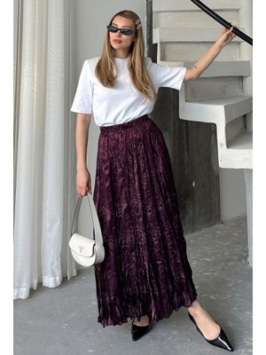 Mürdüm Beli Lastikli Kırışık Saten Etek