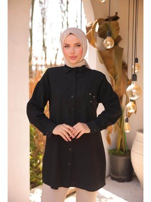 Siyah Çiçek Taş Detaylı Uzun Kollu Gömlek Siyah Çiçek Taş Detaylı Uzun Kollu Gömlek