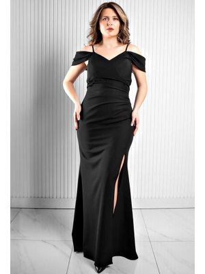 Siyah Krep Kumaş Askılı Abiye Elbise