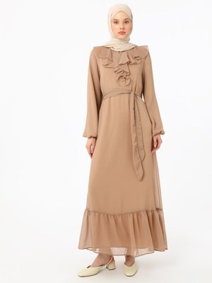 Fırfır Detaylı Şifon Sutlu Kahve Elbise