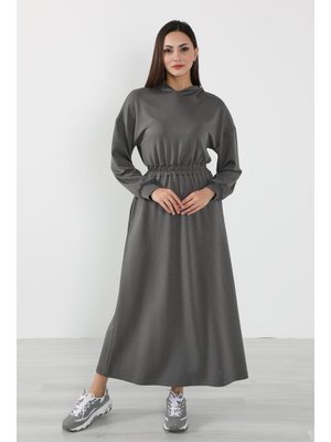 Antrasit Rahat Kesim Günlük Kapüşonlu Elbise,elb