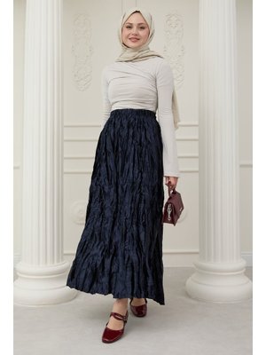 Saten Kraş Lacivert Etek
