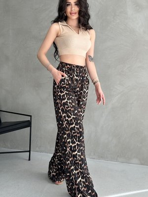 Kahverengi Beli Lastikli Cepli Bürümcük Palazzo Pantolon