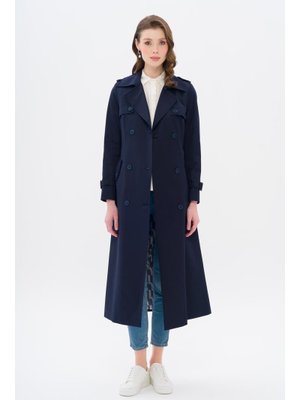 Lacivert Apolet Ve Pelerin Detaylı Kruvaze Su İtici Özellikli Trençkot