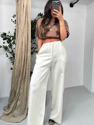 Ekru Çizgili Beli Lastik Palazzo Pantolon Ekru Çizgili Beli Lastik Palazzo Pantolon