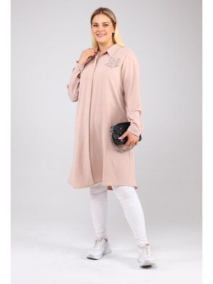 Büyük Beden Yaprak Baskılı Gömlek Tunik Taş